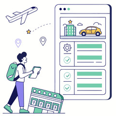 Person planning travel with digital devices booking
