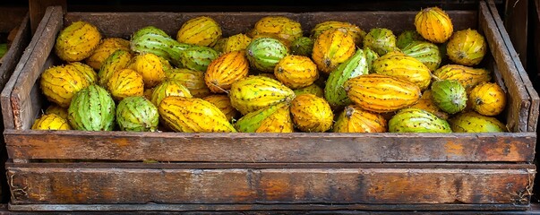 Wooden crates overflowing with yellow-green, speckled gourds