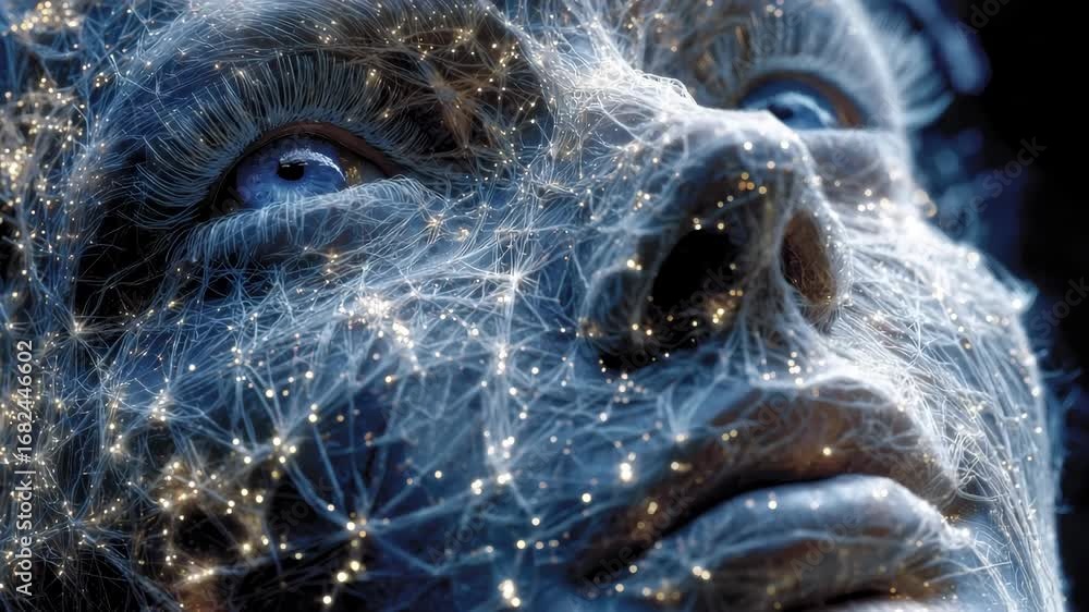 Poster breathtaking close-up showcases a detailed model featuring luminous neural-like patterns. the intric