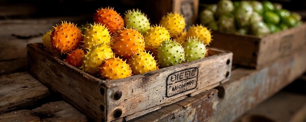 Spiky, colorful fruits in a rustic wooden crate