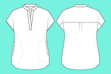 Women's Short Sleeve Oversized Modern Medical Scrub Fashion Flat Sketch CAD Mockup Outline.
