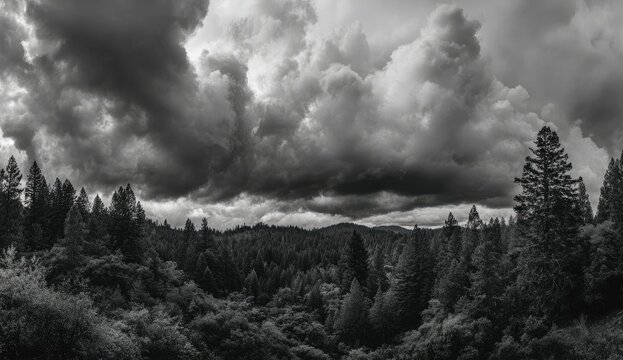 Panoramic view of a dark and stormy forest landscape - Powered by Adobe