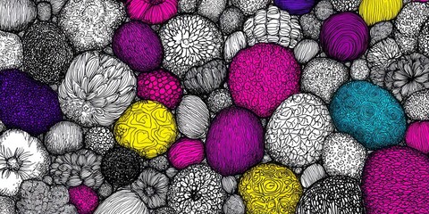 A vibrant pattern of detailed, colorful, and intricately designed spherical forms, densely clustered together.