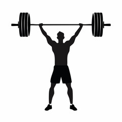 A silhouette of a weightlifter holding a heavy barbell above head 