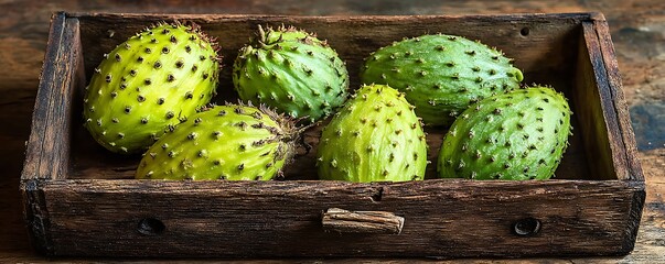 Several spiky, green fruits in a wooden crate