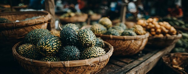 Fresh produce in woven baskets at a market