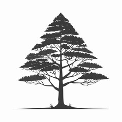 A detailed silhouette of a majestic pine tree stands tall against a clean white background, showcasing its intricate branches and foliage