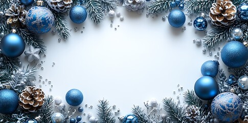 Blue and silver Christmas ornaments and pine branches on white background holiday winter