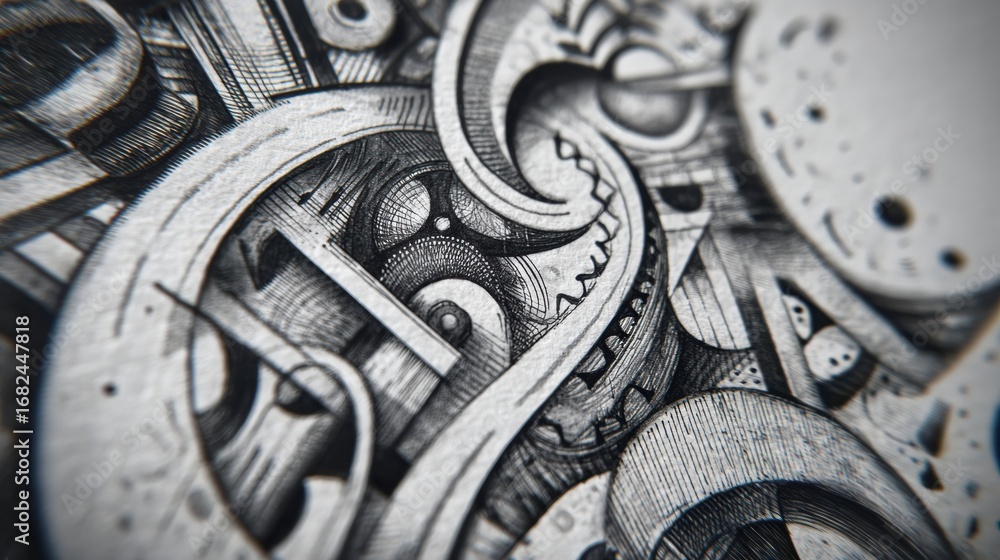 Poster intricate black and white abstract drawing showcasing unique line work and geometric patterns