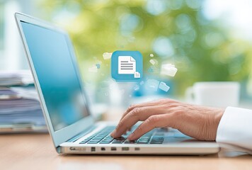Laptop with document icon, files transfer