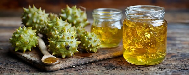 Spiny gourds and golden preserve on rustic board