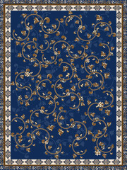 Ornamental Floral Carpet Design in Blue and Gold – Hand-Drawn Vector
