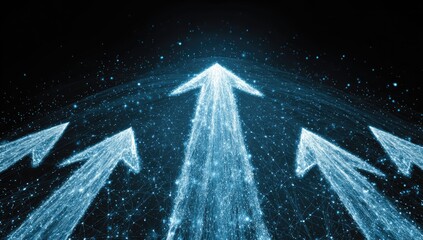 Multiple upward-pointing arrows, composed of shimmering light and interconnected points, soar against a dark backdrop.  A complex, abstract design, suggesting progress and growth.