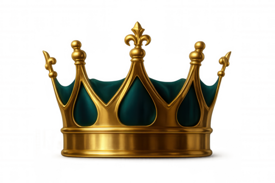Ornate golden royal crown resting on emerald velvet cushion, representing monarchical prestige against translucent backdrop