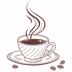 Steaming coffee cup with beans saucer