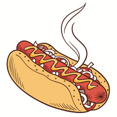 Steaming hot dog with mustard and onions sausage