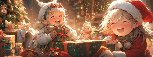 Children receiving gifts. Illustration on the theme of holidays and joy.