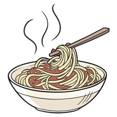 Steaming spaghetti with meat sauce and chopsticks pasta