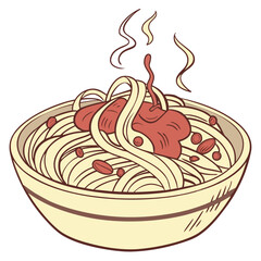 Steaming spaghetti with tomato sauce and meatballs