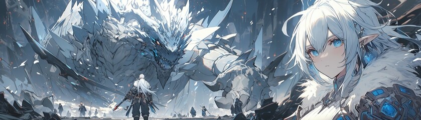 Heroes and a terrible ice monster.  Illustration on the theme of comics and history, fantasy and graphics.