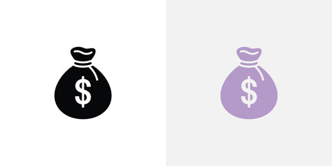 Two Isolated Money Bags with Dollar Signs Black and Purple Icon Representations on White
