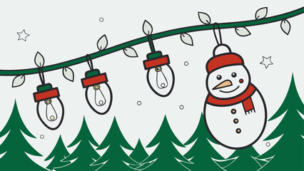 A joyful cartoon snowman wearing a hat stands beside a decorated Christmas tree in a winter wonderland scene with falling snowflakes