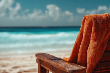 Orange Towel Draped Over Wooden Chair at Beach with Waves in Background