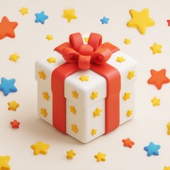 A white gift box with a red ribbon bow and yellow star decorations, surrounded by colorful stars on a light background in a 3D cartoon style.