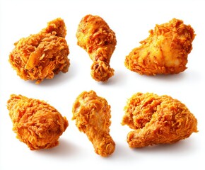Six Crispy Fried Chicken Pieces on White Background