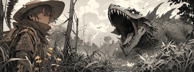 Meeting of a man and a terrible tyrannosaurus. Illustration on the theme of comics and fear, horror and manga, fantasy and drawing.