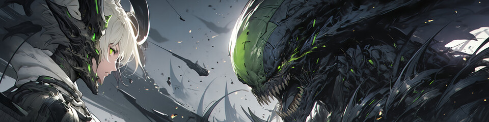 Horrible hero and dragon. Illustration on the theme of comics and fear, horror and manga.