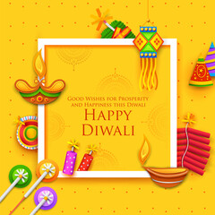 illustration of burning diya and firecracker on Happy Diwali Holiday background for light festival of India