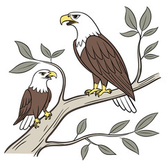 Two eagles perched on a branch with leaves bird wildlife