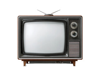 Retro television with blank screen.  A vintage, rectangular-shaped television set, featuring a blank screen, wooden-toned casing, and small controls.  