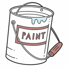 White paint bucket with blue liquid and red handle