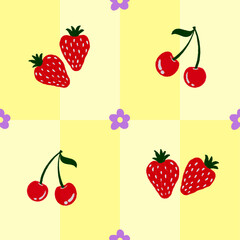 Cherry, strawberry, and small purple flowers on a checkerboard background. A cute seamless pattern for banners, posters, wallpaper, and textiles.