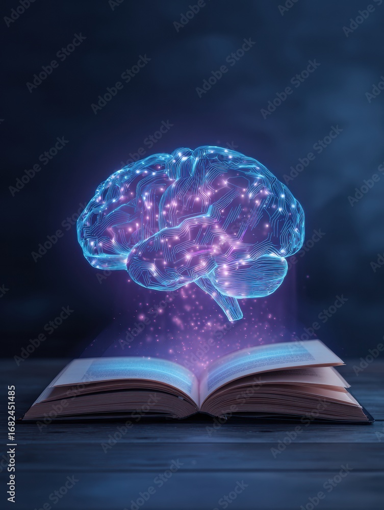 Aufkleber illuminated brain emerging from an open book symbolizing knowledge and creativity in a dark setting