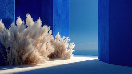 Abstract Coastal Scene With Blue Structures And White Plant