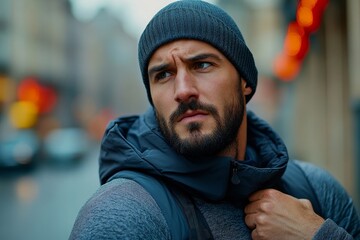 Adult male jogger experiencing shoulder pain while running in an urban setting, showing clear signs of injury or strain during physical activity, Generative AI