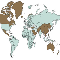 World map brown and blue countries continents