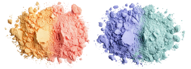 Two piles of colorful powder, one with warm tones and the other with cool tones, displayed against a black backdrop