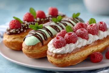 Delicious eclairs with chocolate, raspberries and mint leaves lying on a plate