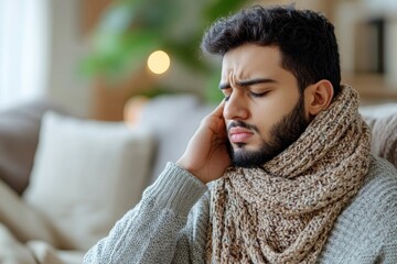 young Muslim man suffering from neck pain, sitting on the couch tiredly, massaging his hand, indicating the effects of physical strain or discomfort, Generative AI