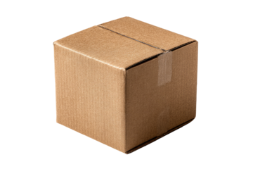 A plain, light brown cardboard box, square-shaped, and closed.  A strip of light beige tape runs vertically down the center