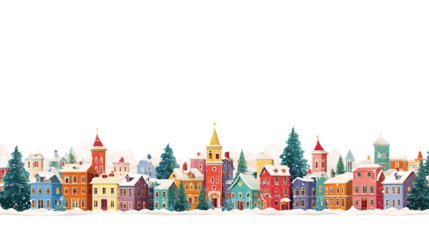 Charming Winter Village Scene with Snow Covered Rooftops and Christmas Trees