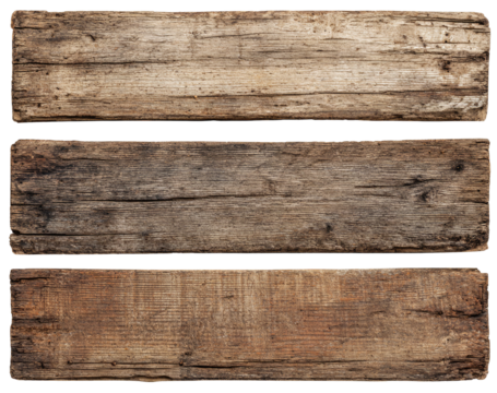 Three weathered wooden planks.  Close-up view of aged, textured wood surfaces.  Horizontal orientation.  Natural tones of brown and gray