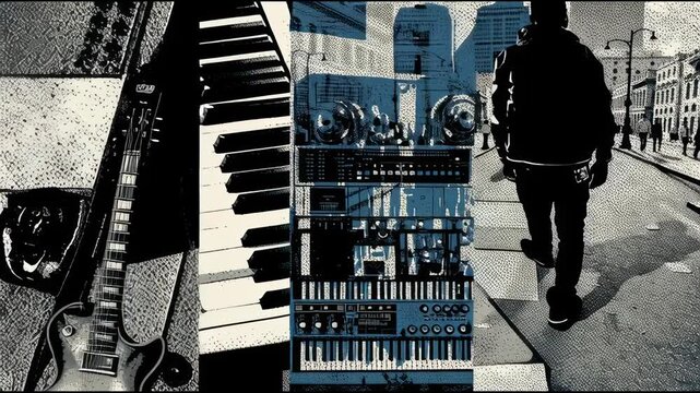 Collage artwork blending documentary black-and-white photographs of 1970s, 1990s, and modern Busan (street markets, dance halls, seaside, neon signs, bridges, high-rise buildings), combined with 