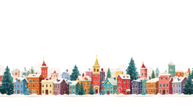 Charming Winter Village Scene with Snow Covered Rooftops and Christmas Trees