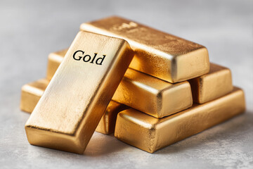Gold bars with "Gold" inscription on each bar, a pile of gold ingots.