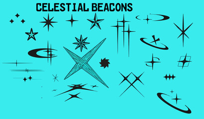 Y2K Aesthetic Symbols and Shapes on Neon Yellow Background. Set of futuristic Y2K-style symbols, arrows, stars, and abstract shapes in black on a neon yellow background. Vector graphic pack